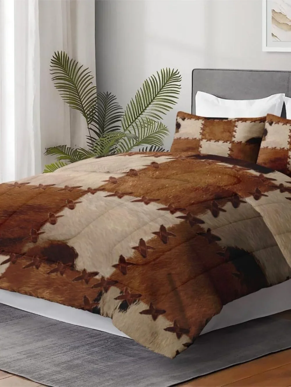 Queen Size Comforter Set with 2 Pillowcases, Retro Vintage Rustic Cow Print Soft